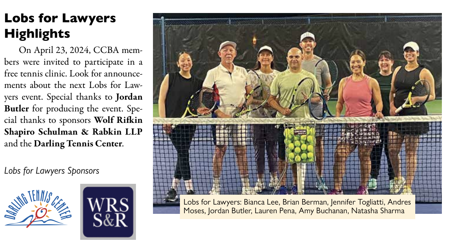 WOLF, RIFKIN, SHAPIRO, SCHULMAN & RABKIN, LLP, ATTORNEY JORDAN BUTLER PLANS TENNIS CLINIC FOR CCBA MEMBERS